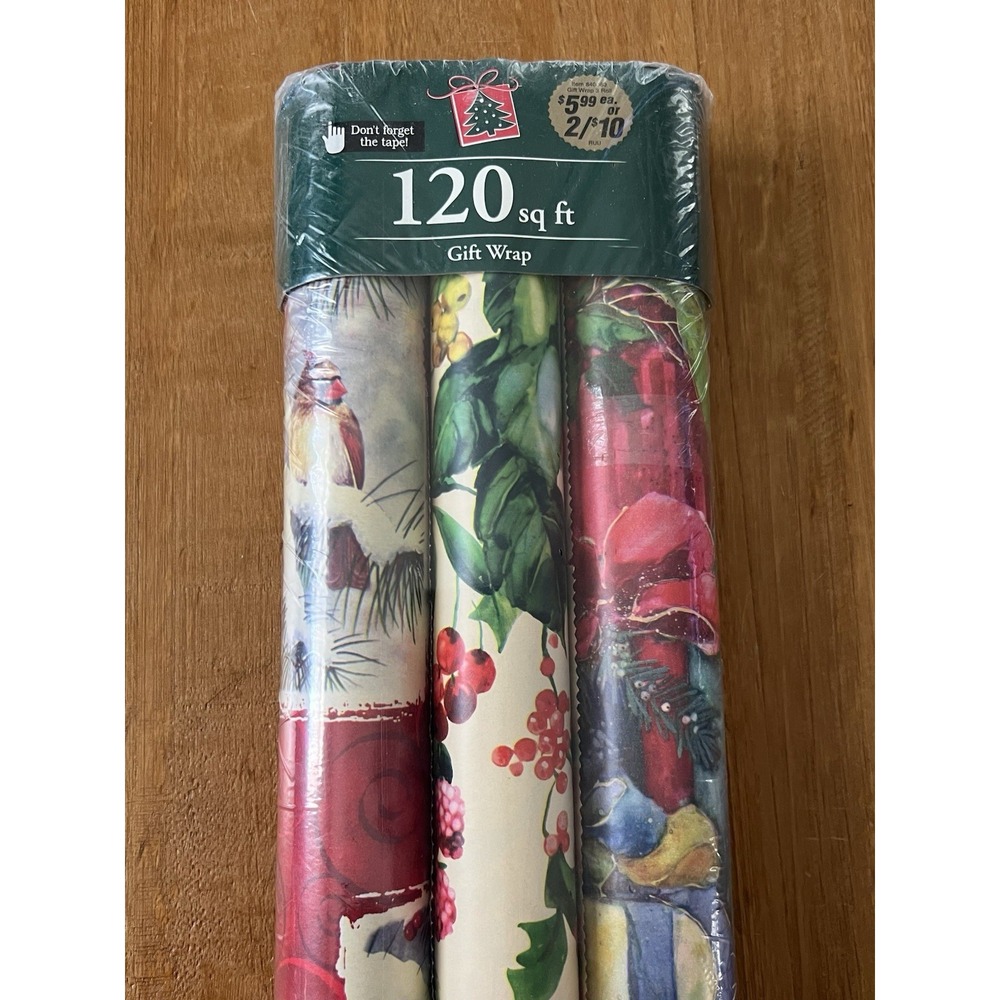 Vintage Cleo Christmas Gift Wrap 3 Rolls 120 Sq Ft NOS Wrapping Paper USA Birds